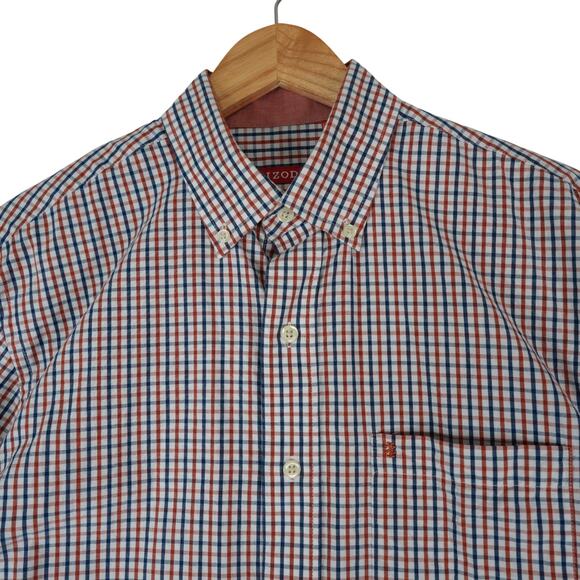Izod Dress Shirt Mens M Red White Blue Flip Cuff Long Sleeve Button Down Cotton - Picture 1 of 10